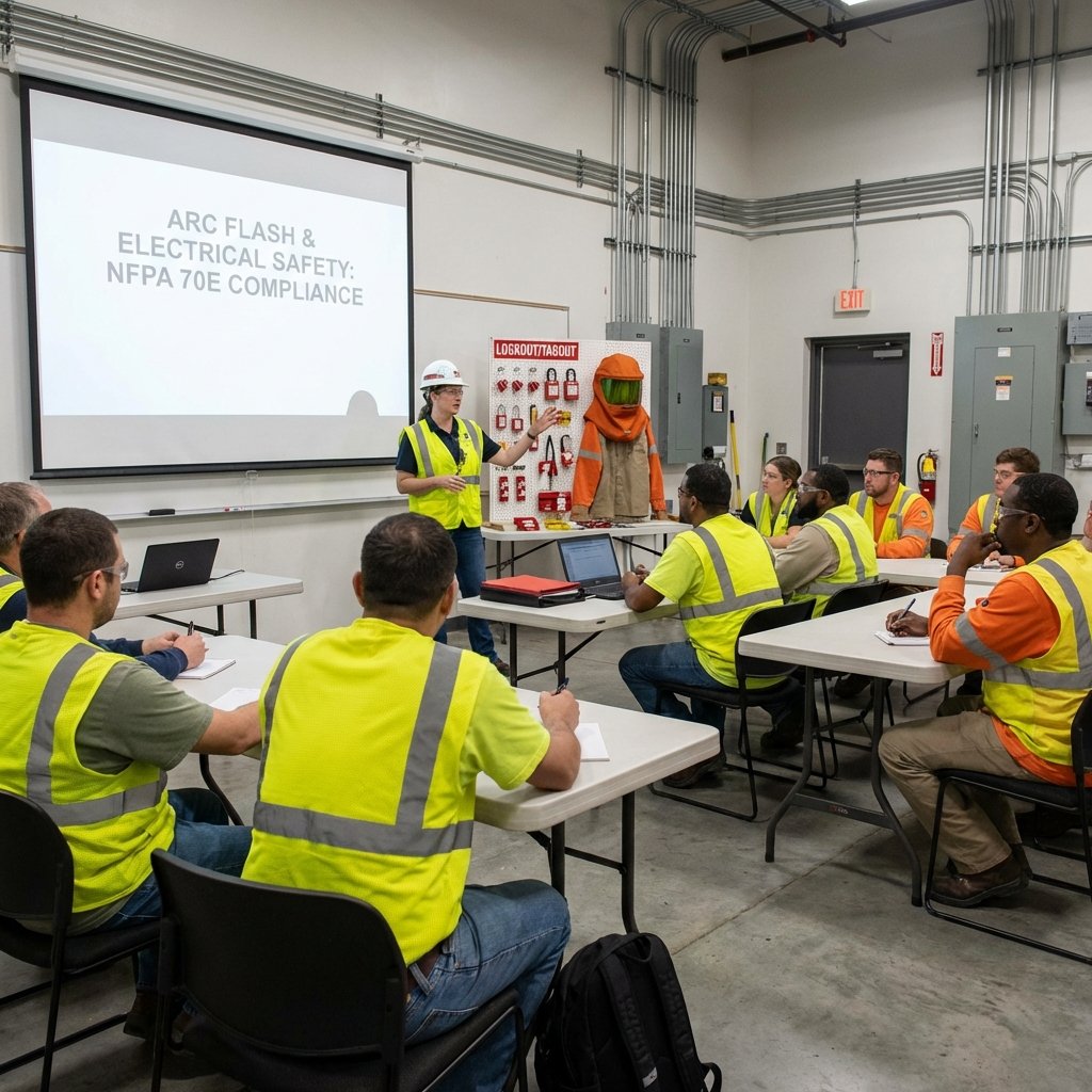 NFPA 70E electrical safety training class with instructor and workers